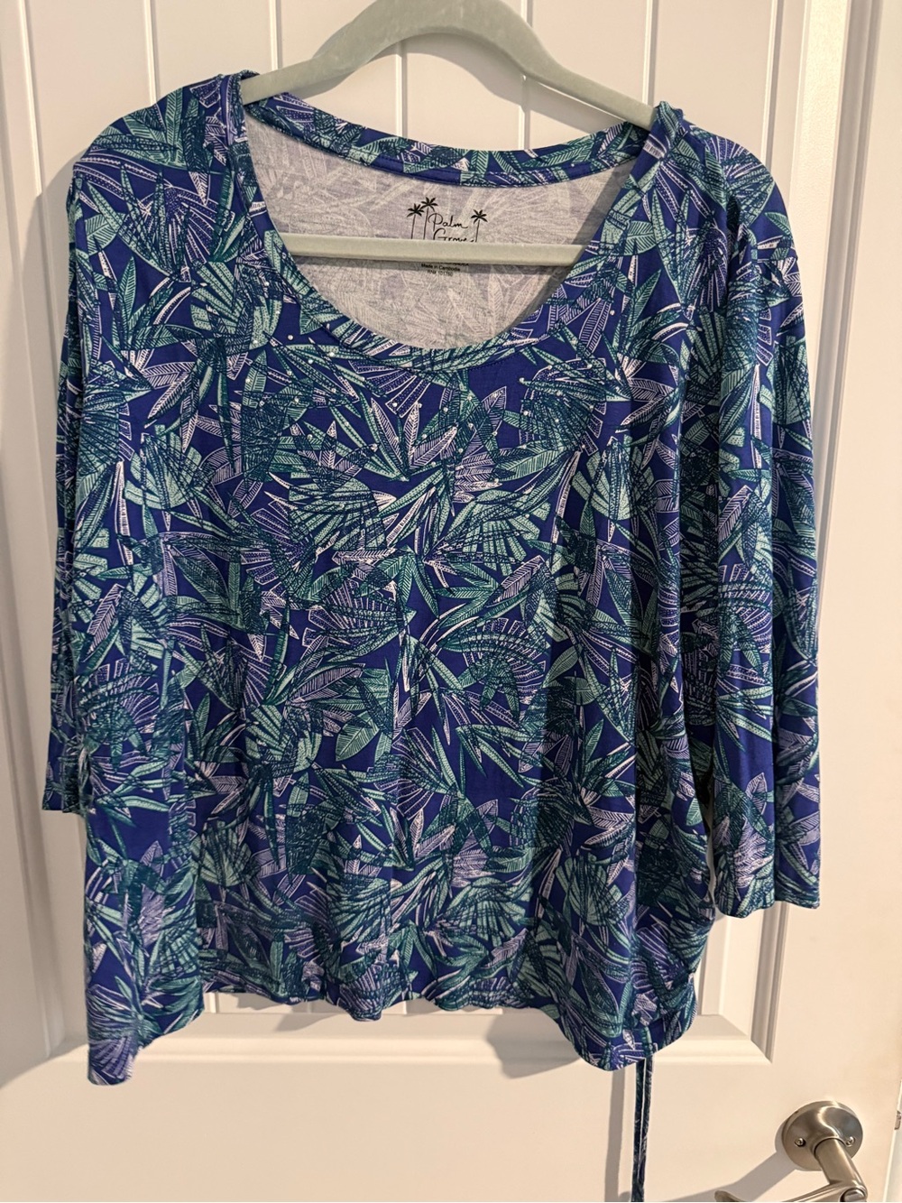 Palm Grove Blue Tropical Leaf Print Side Tie Top 1X